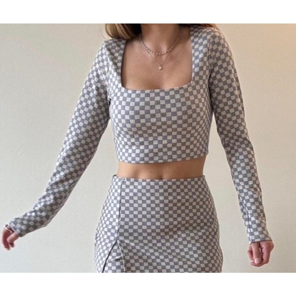 Le Lis Blue & White Checkered Square Neck Long Sleeve Crop Top-Size M